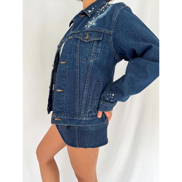 90s vintage blue denim embellished hand painted flowers jean jacket medium - Picture 2 of 9
